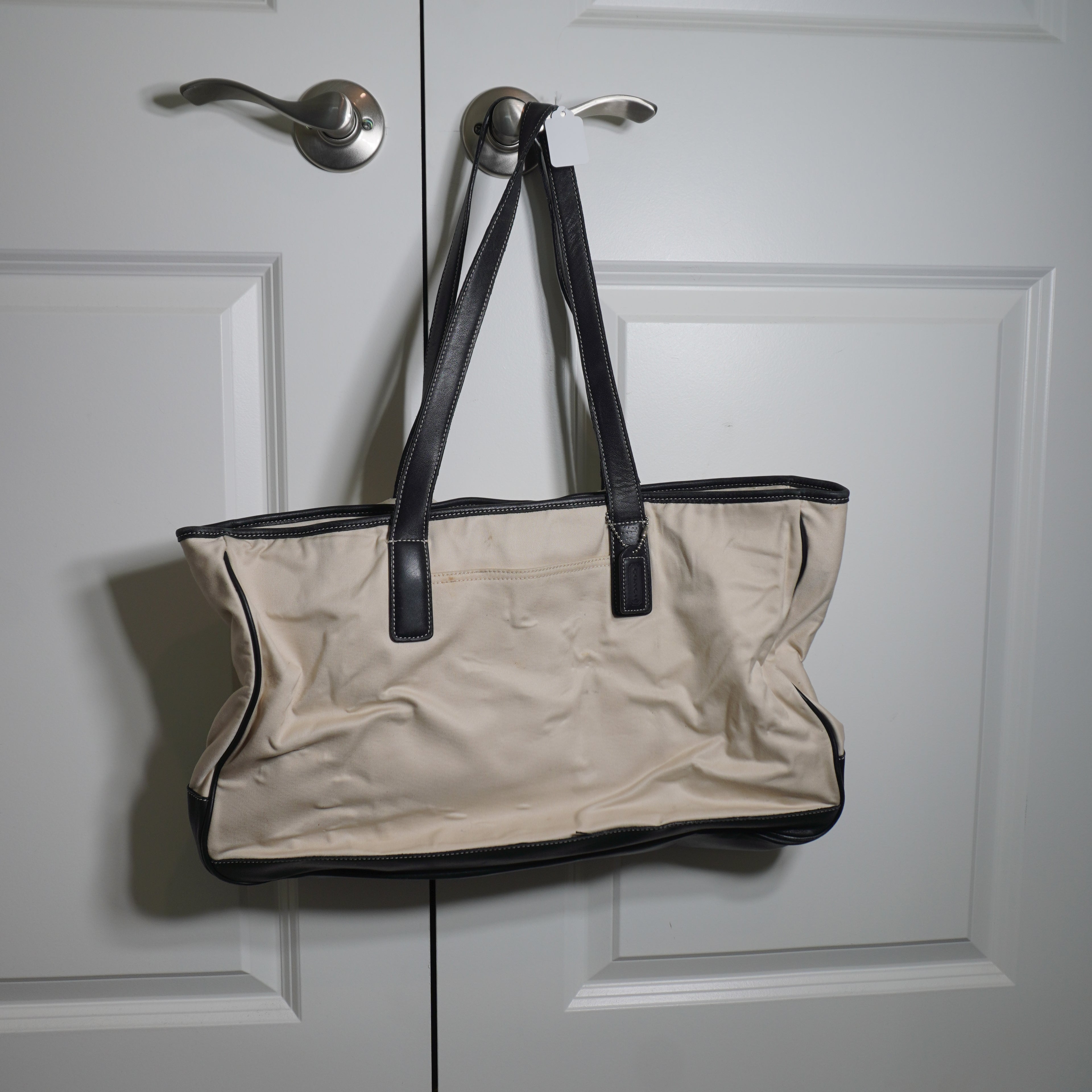 Coach Beige & Black Canvas Leather Tote Bag