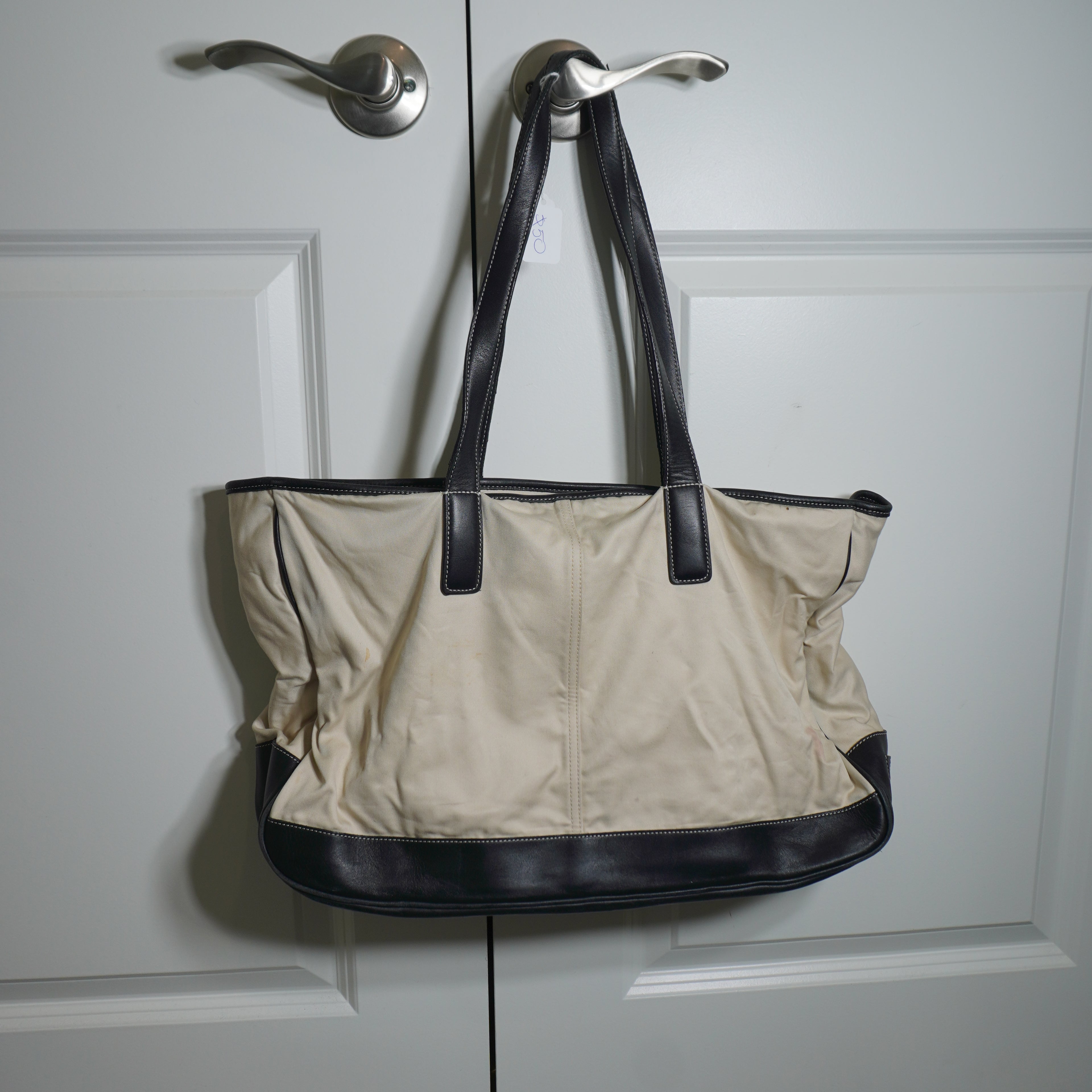 Coach Beige & Black Canvas Leather Tote Bag