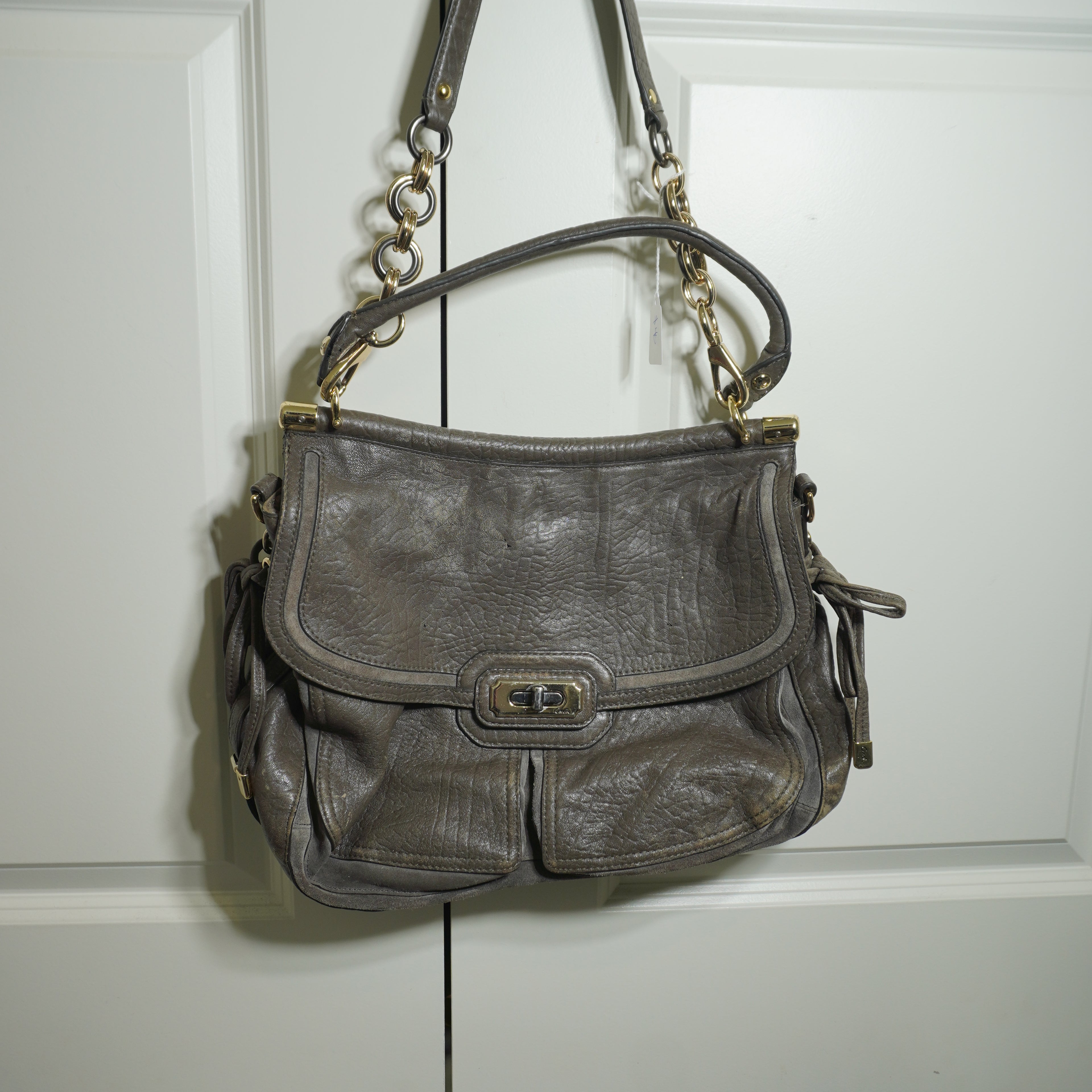 Coach Gray Leather Shoulder Bag with Gold Hardware