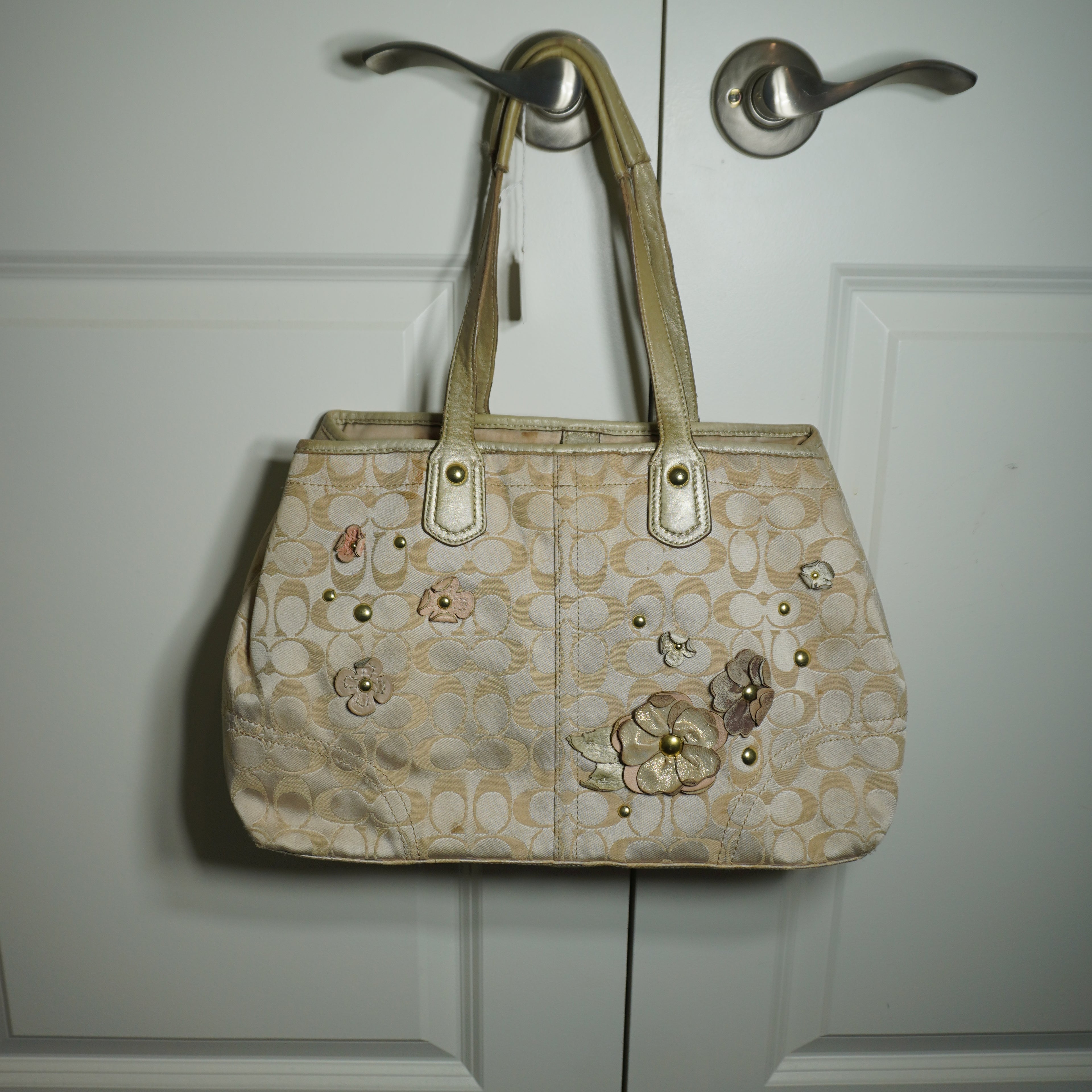 Coach Beige Gold Floral Signature C Shoulder Bag