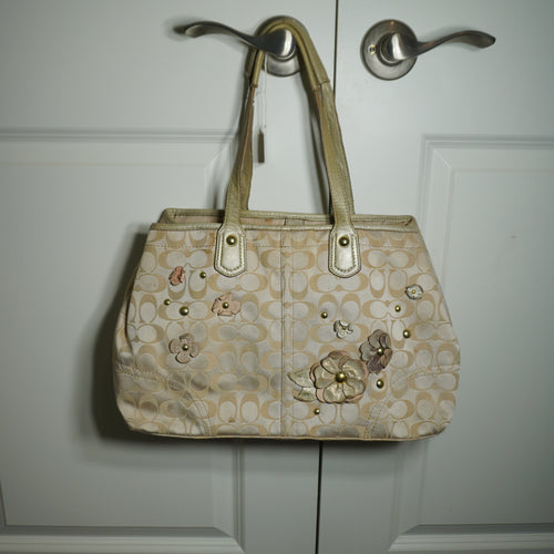 Coach Beige Gold Floral Signature C Shoulder Bag