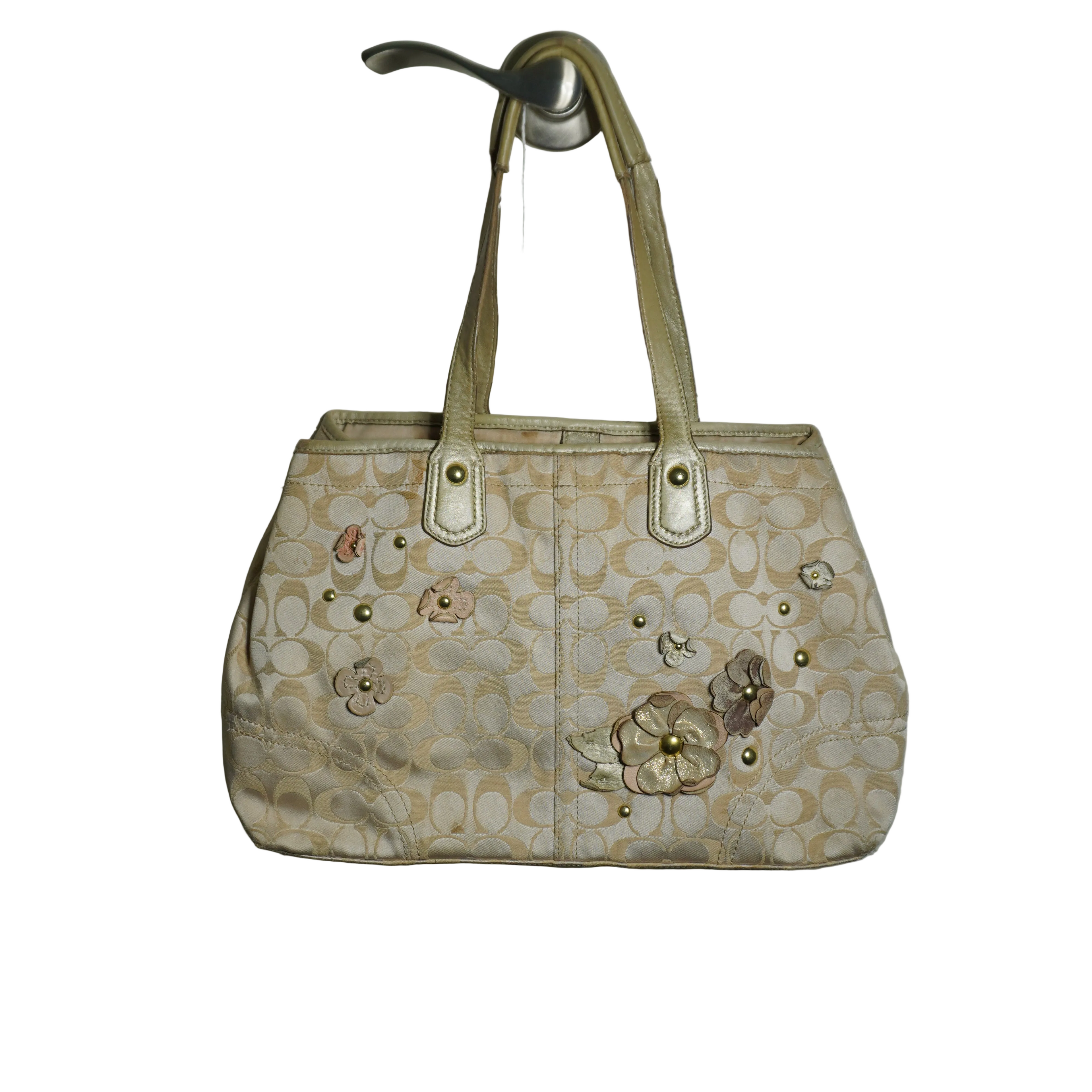 Coach Beige Gold Floral Signature C Shoulder Bag