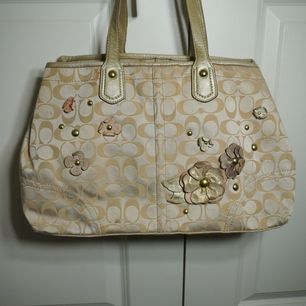 Coach Beige Gold Floral Signature C Shoulder Bag