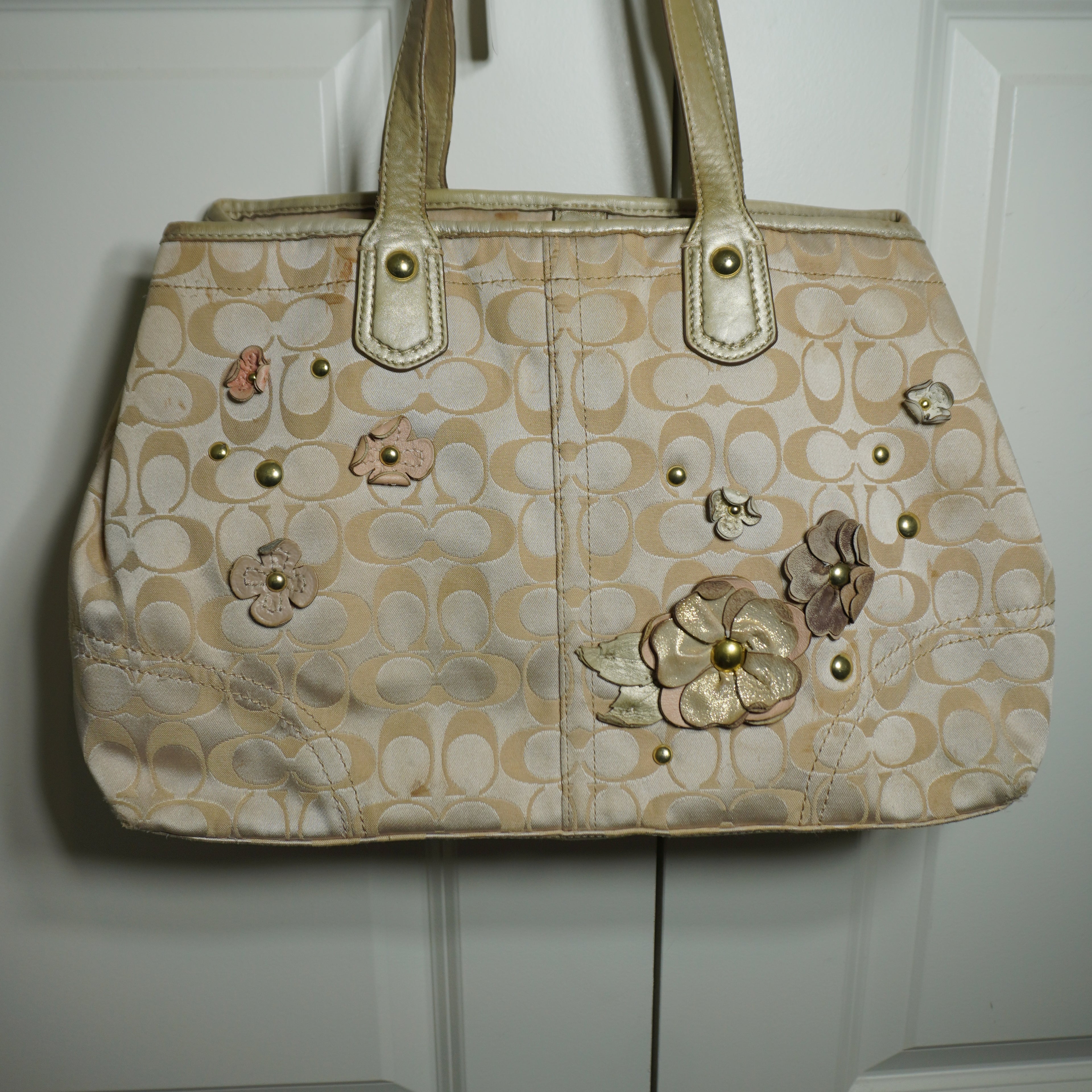 Coach Beige Gold Floral Signature C Shoulder Bag