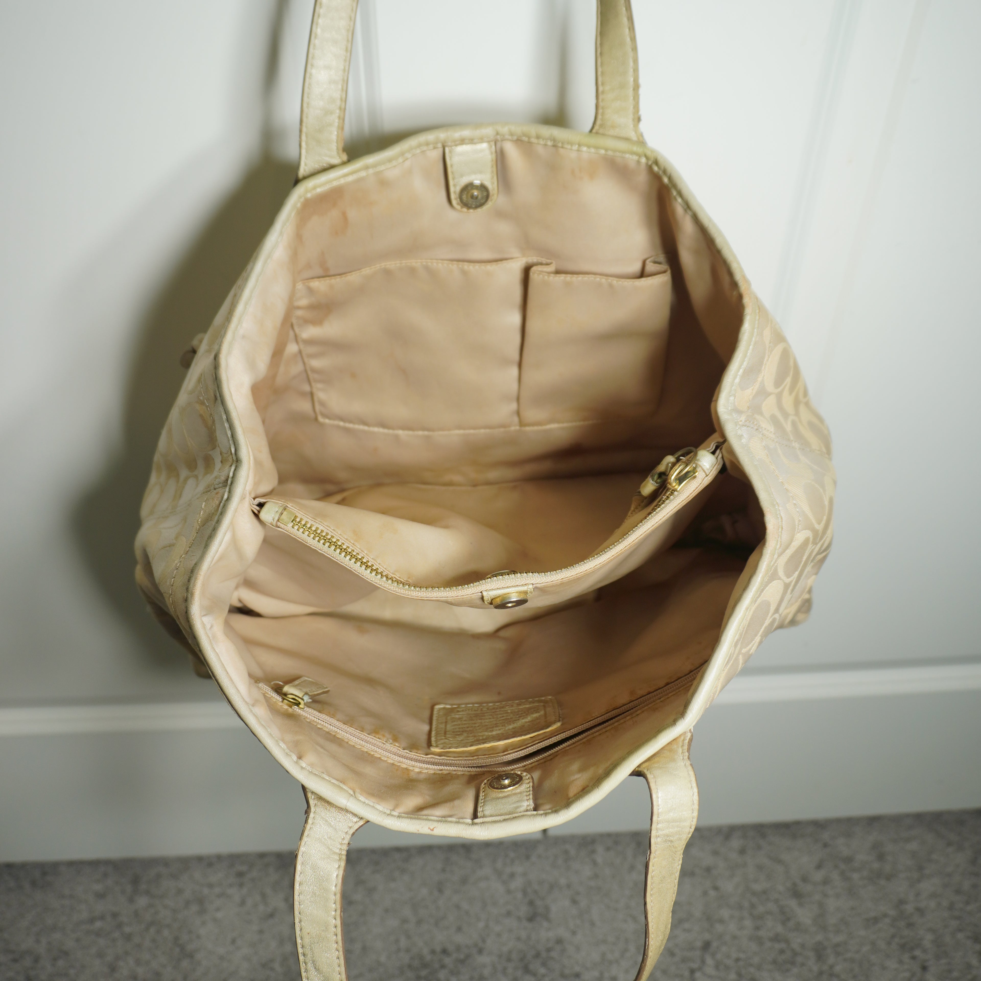 Coach Beige Gold Floral Signature C Shoulder Bag