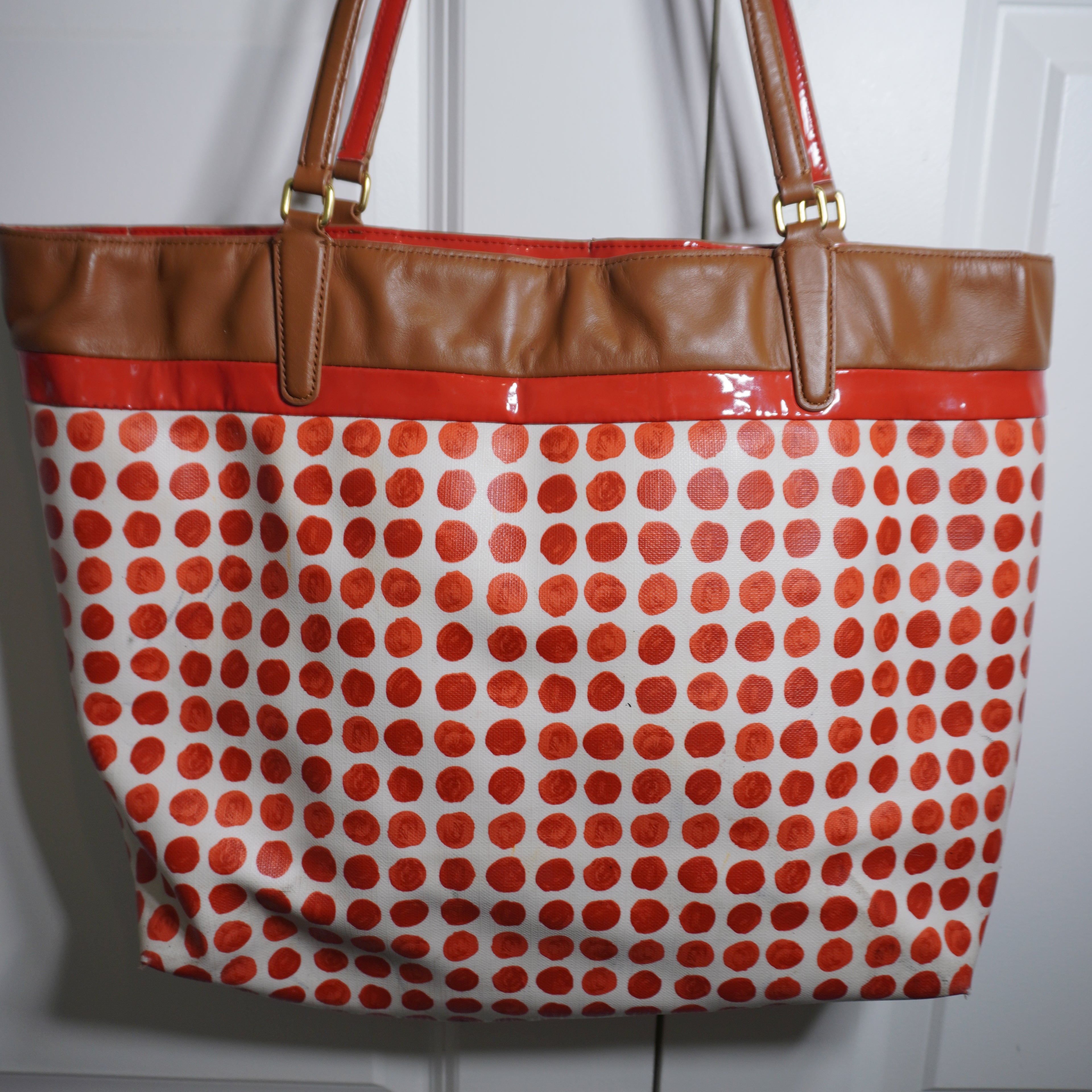 Coach White Orange Polka Dot Tote Bag