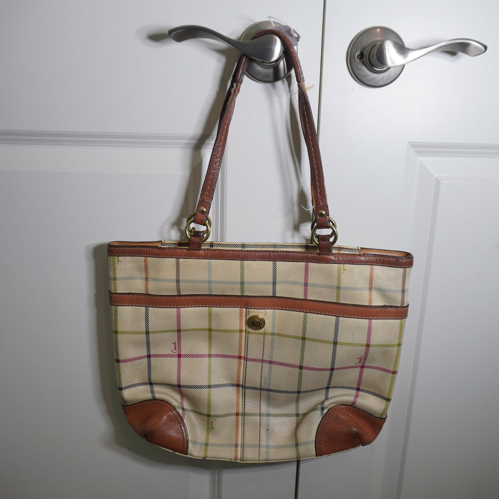 Coach Plaid Beige Blue Shoulder Bag