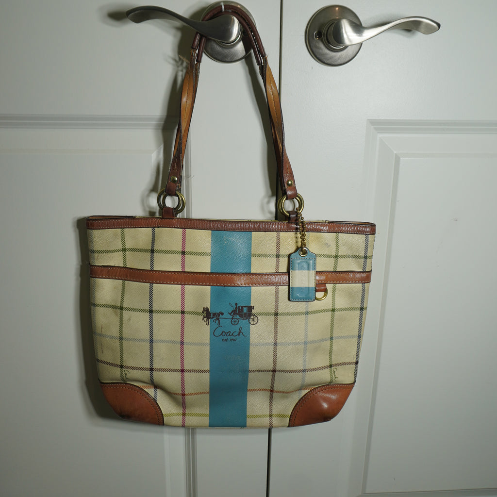 Coach Plaid Beige Blue Shoulder Bag