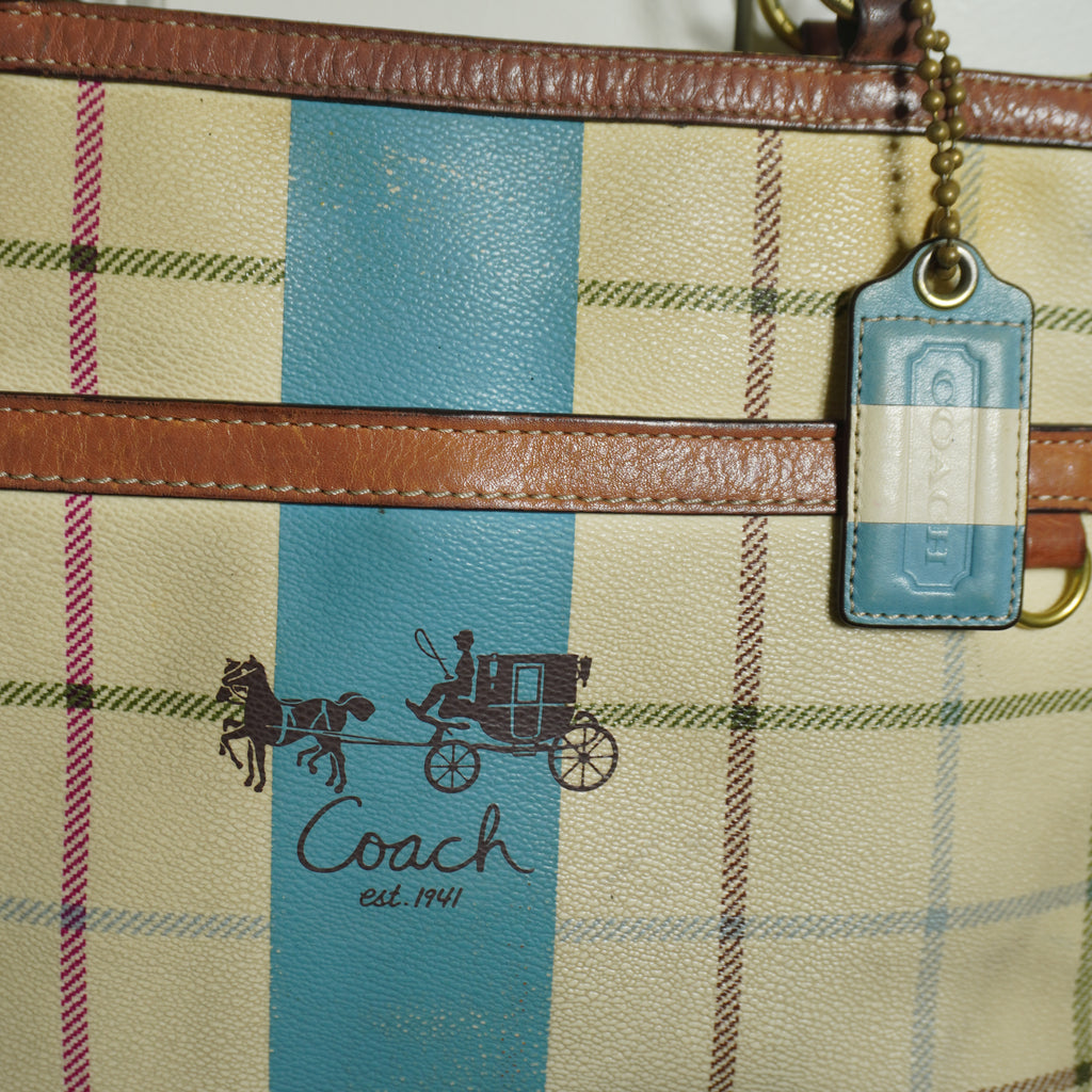 Coach Plaid Beige Blue Shoulder Bag