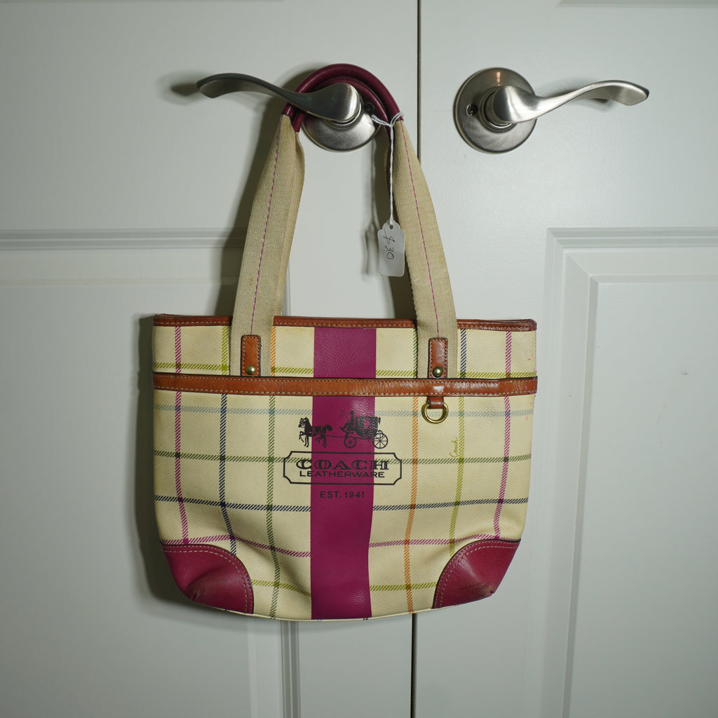 Coach Plaid Beige Pink Tote Bag