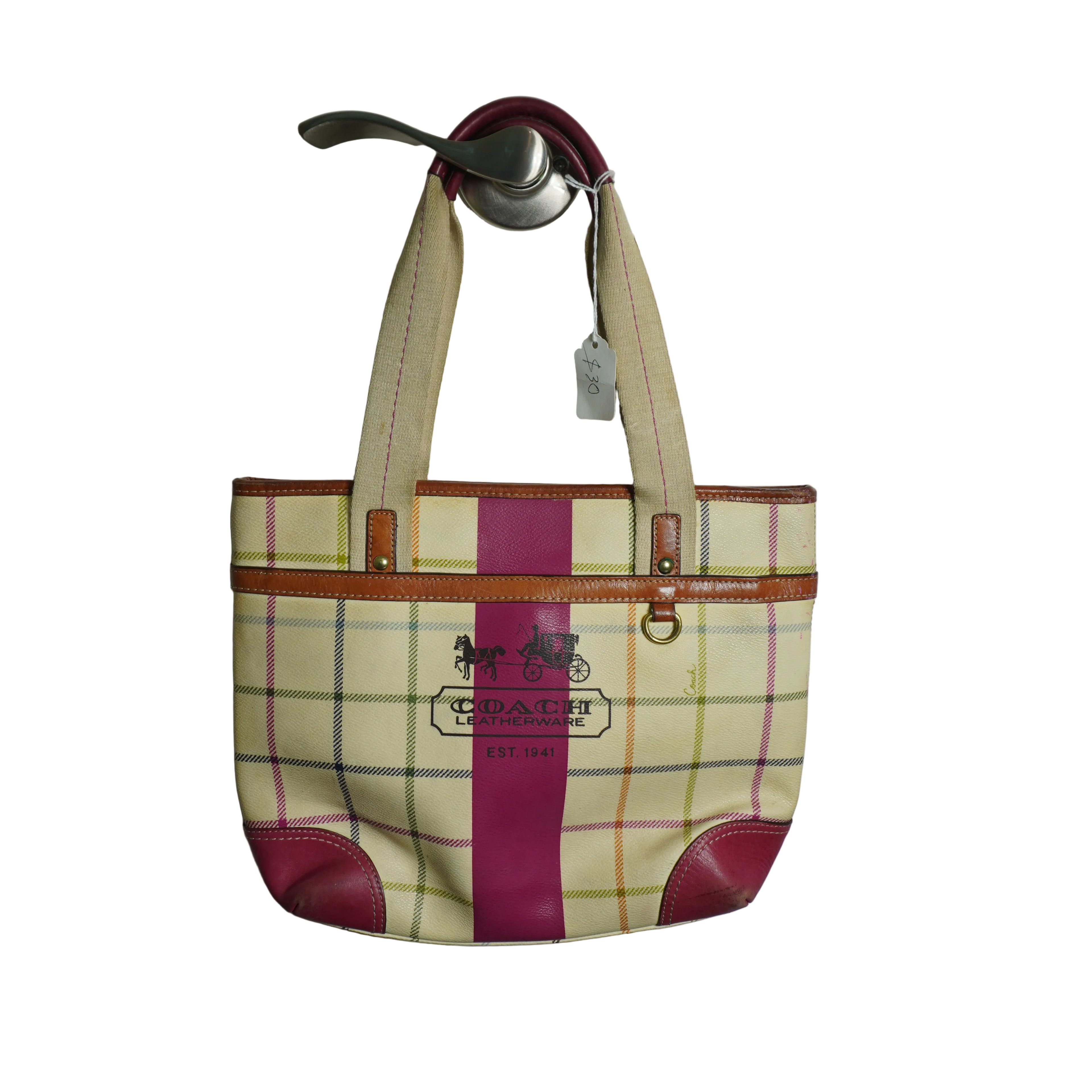 Coach Plaid Beige Pink Tote Bag