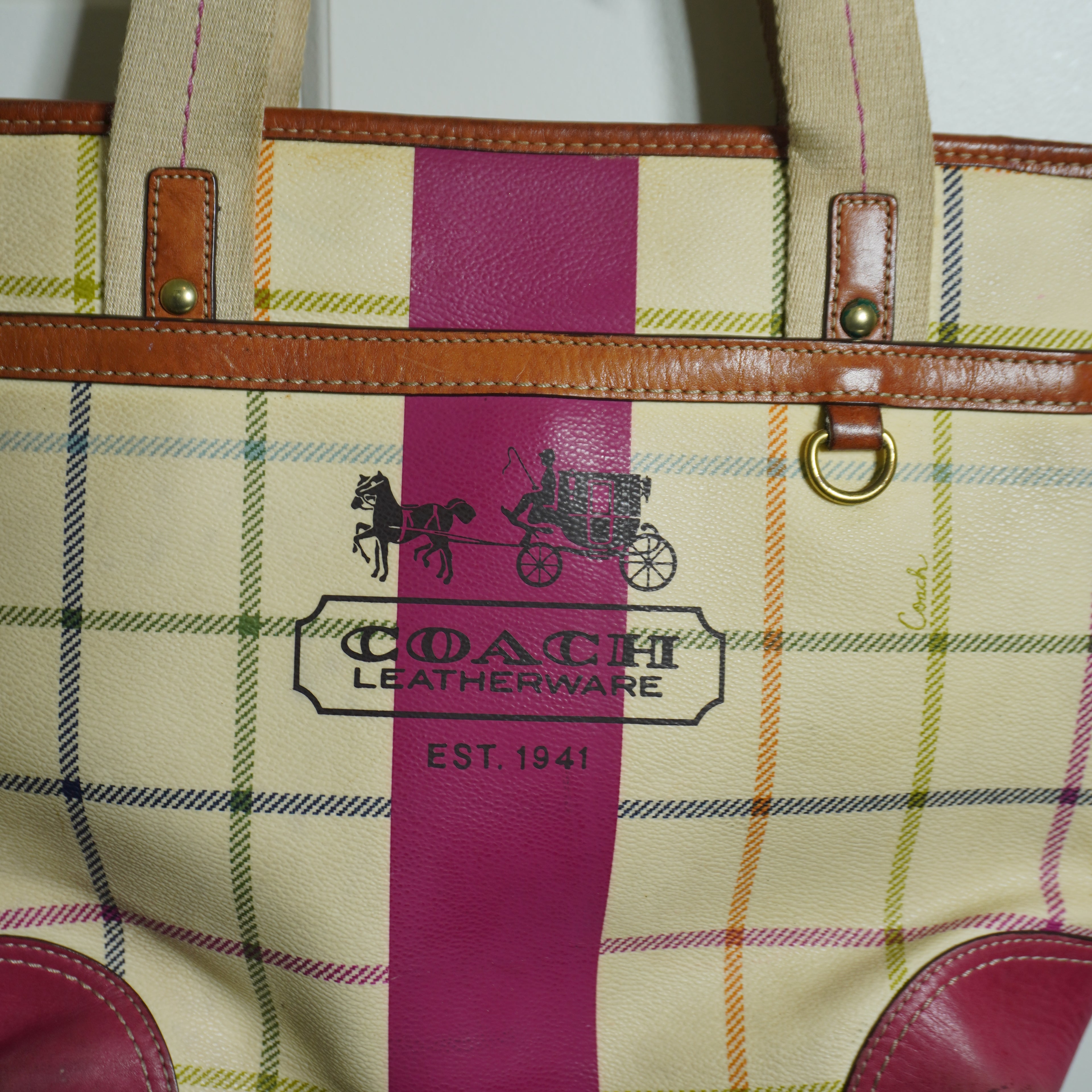 Coach Plaid Beige Pink Tote Bag