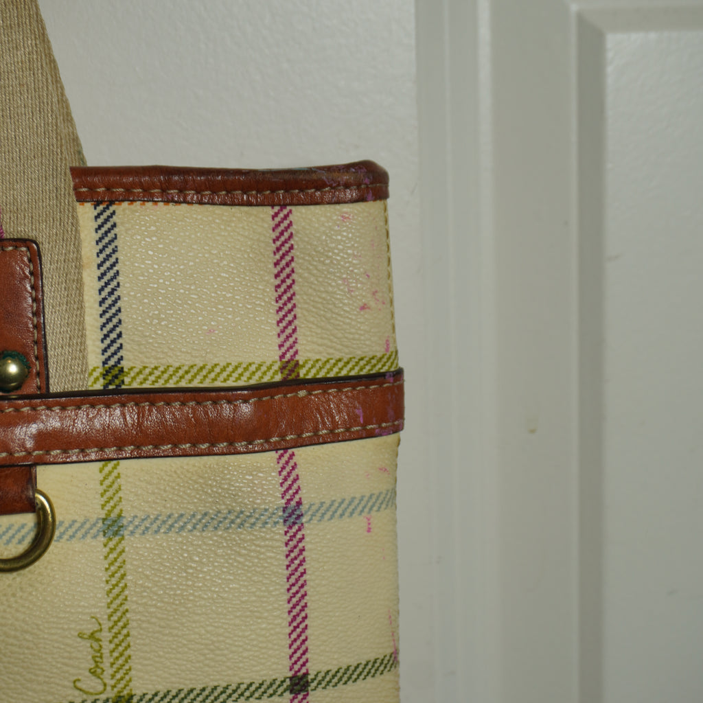 Coach Plaid Beige Pink Tote Bag