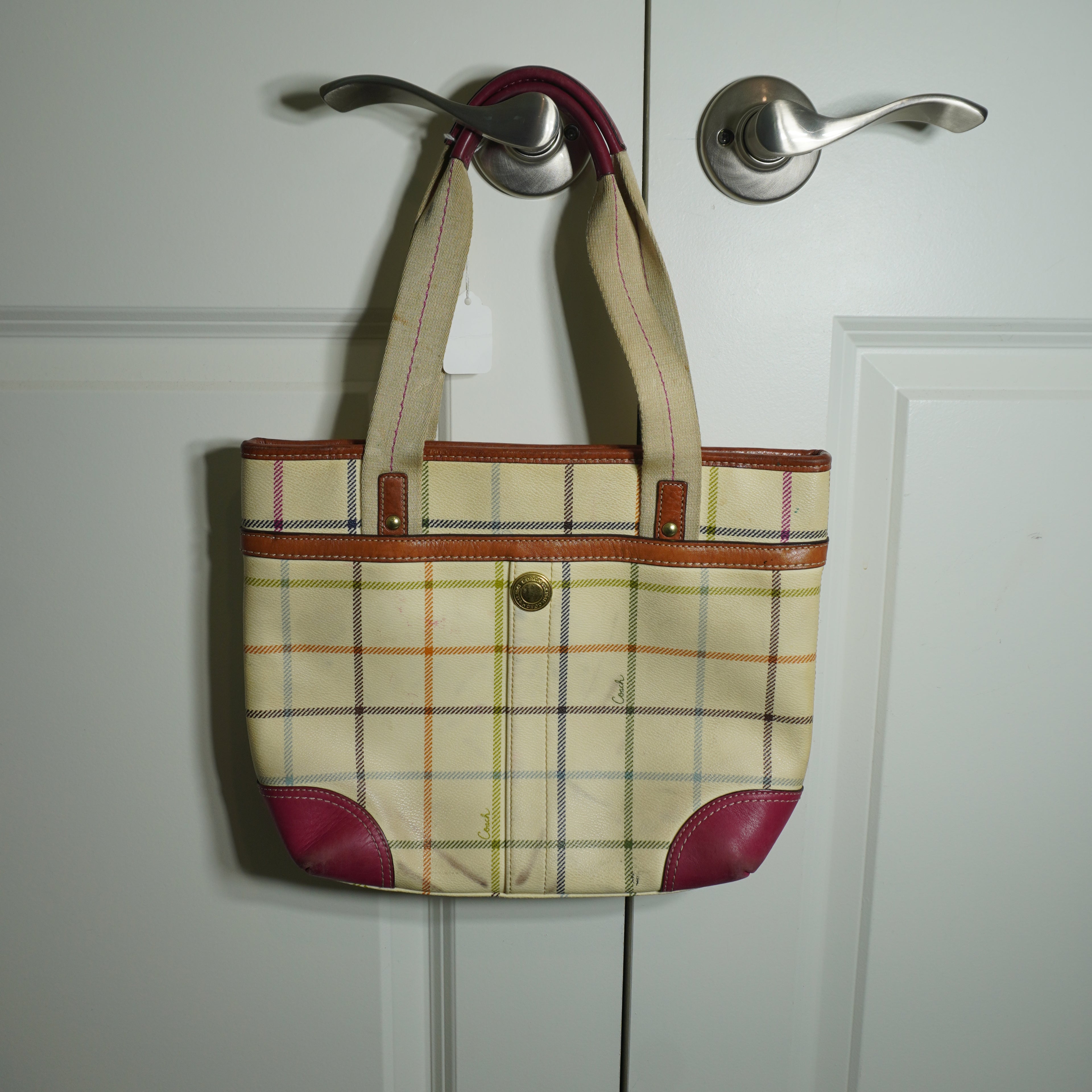 Coach Plaid Beige Pink Tote Bag