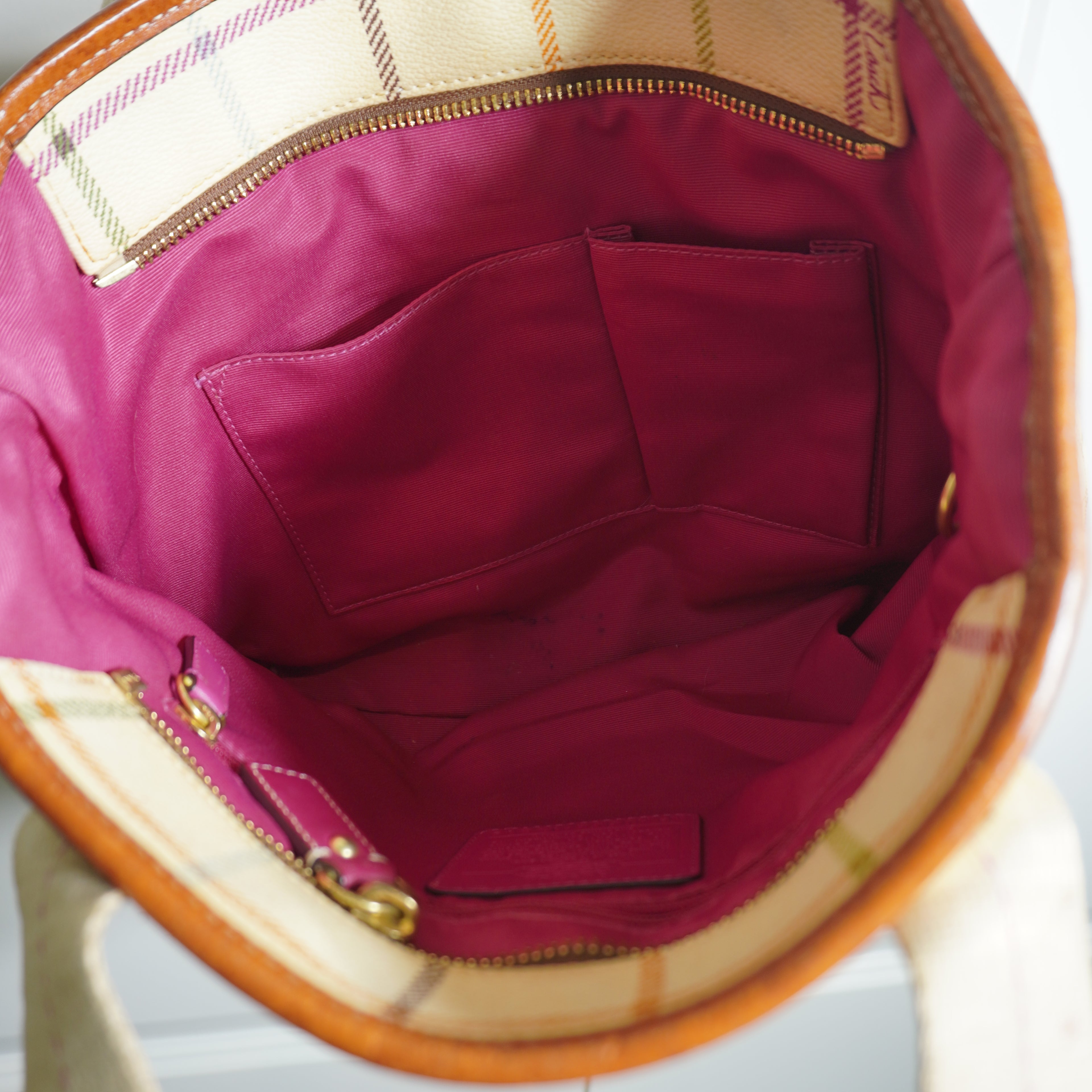 Coach Plaid Beige Pink Tote Bag